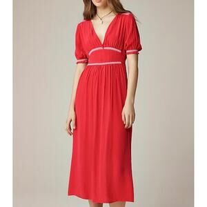 J. Crew Smocked-Trim Short Sleeve Midi Slip Dress in Crepe De Chine Red 6